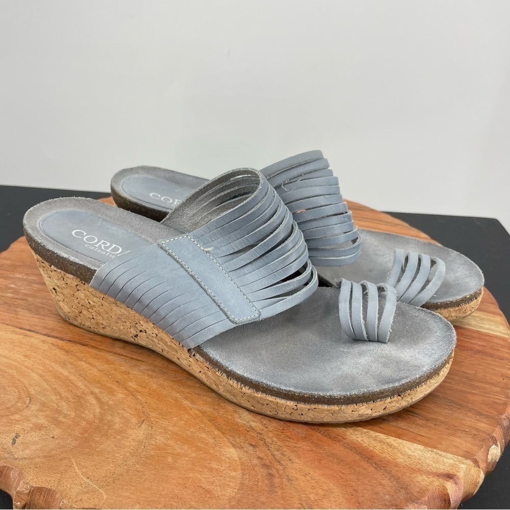 Cordani Strappy Leather Sandals with Cork Wedge Heel toe loop 38 7.5-8 blue